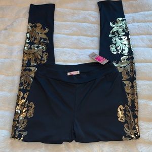Y2k gold metallic foil filigree black leggings skinny pants M